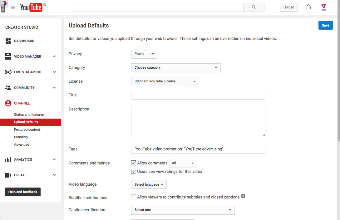 youtube upload defaults tags format